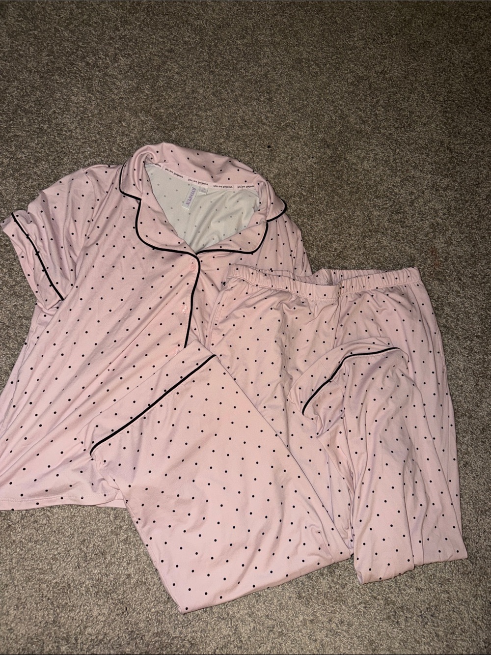 Pink Short-Sleeve Polka Dot Pajama Set with Black Piping